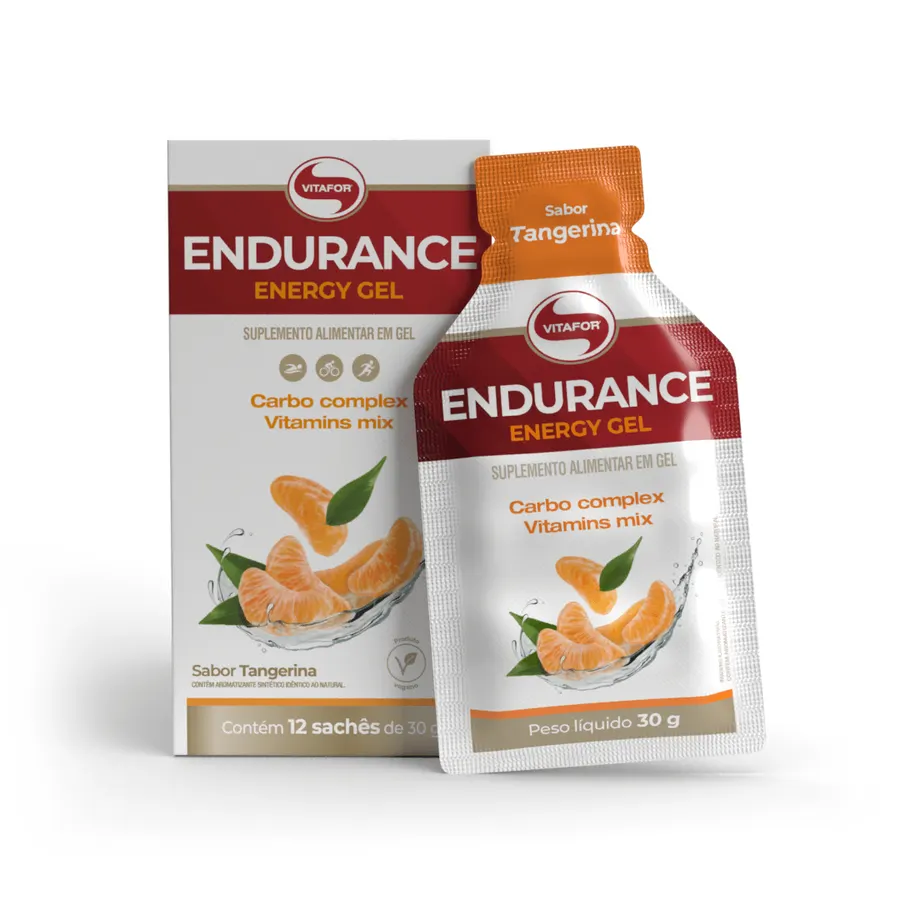 Caixa e sachê do gel de carboidrato Vitafor Endurance Energy Gel sabor tangerina