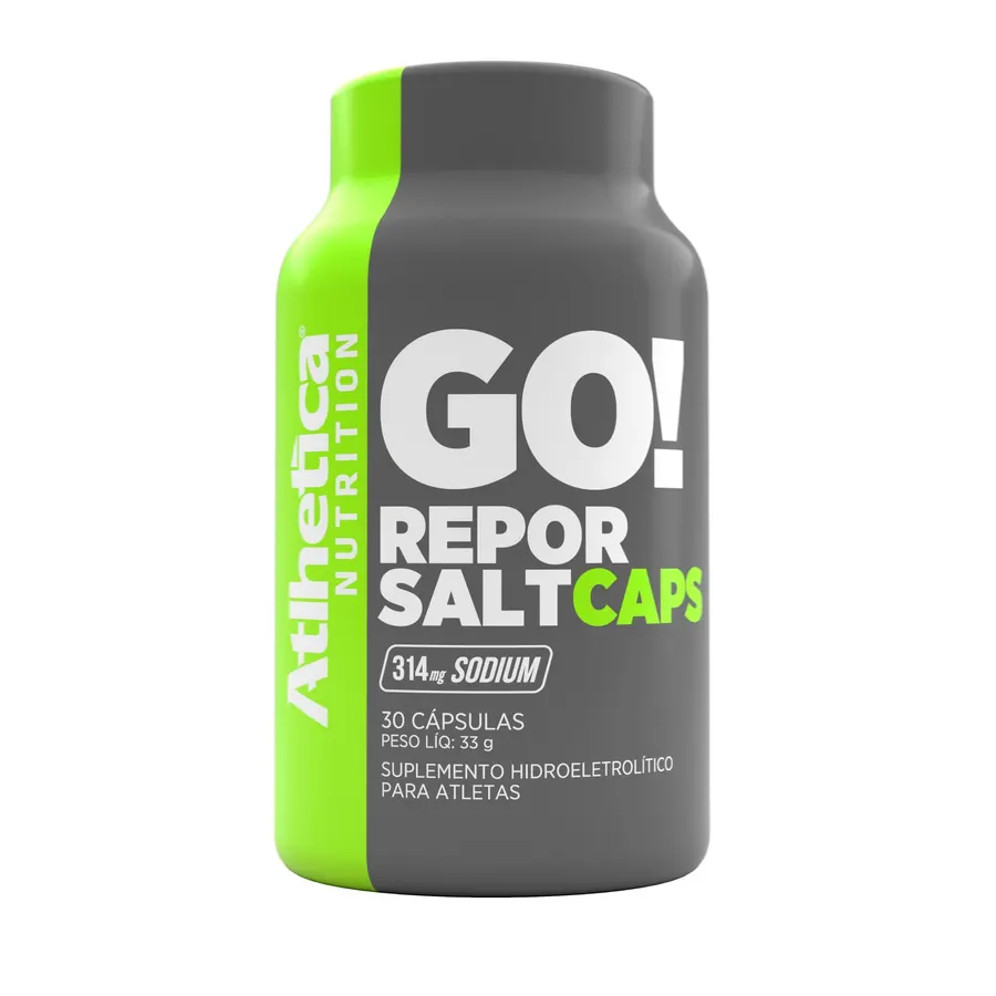 Pote com 30 cápsulas de sal Atlhetica Go! Repor Salt Caps com 314 mg de sódio
