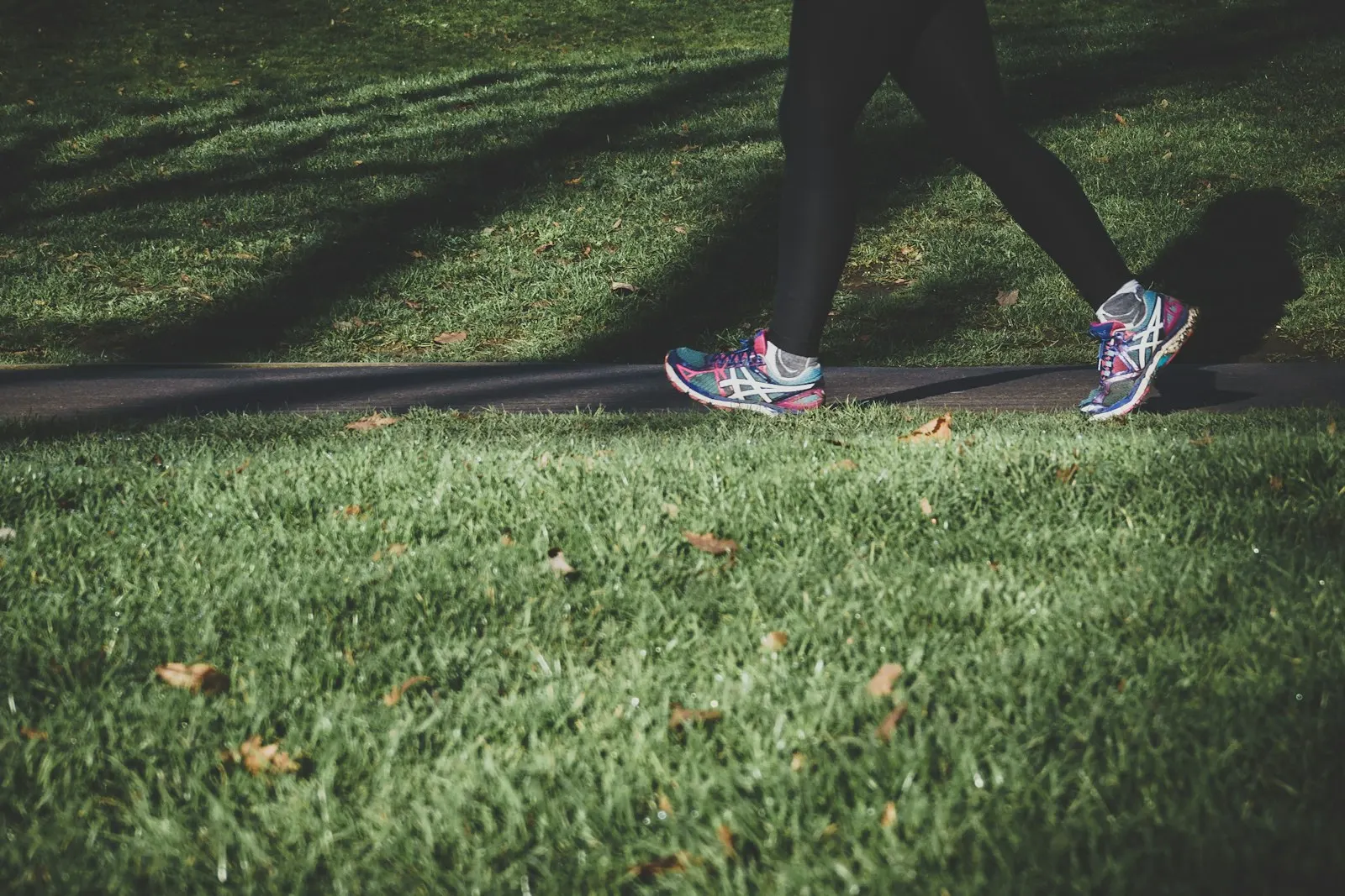 Pessoa caminhando em um parque com tênis esportivo, em guia dos melhores tênis para caminhada
