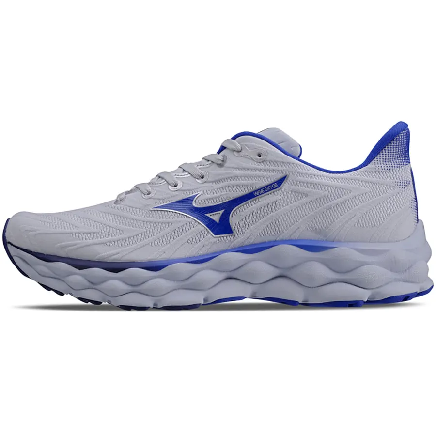 Tênis Mizuno Wave Sky 8 cinza com detalhes azuis