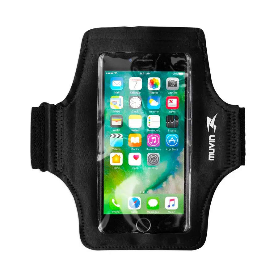 Braçadeira porta celular Muvin preta com frente transparente touch