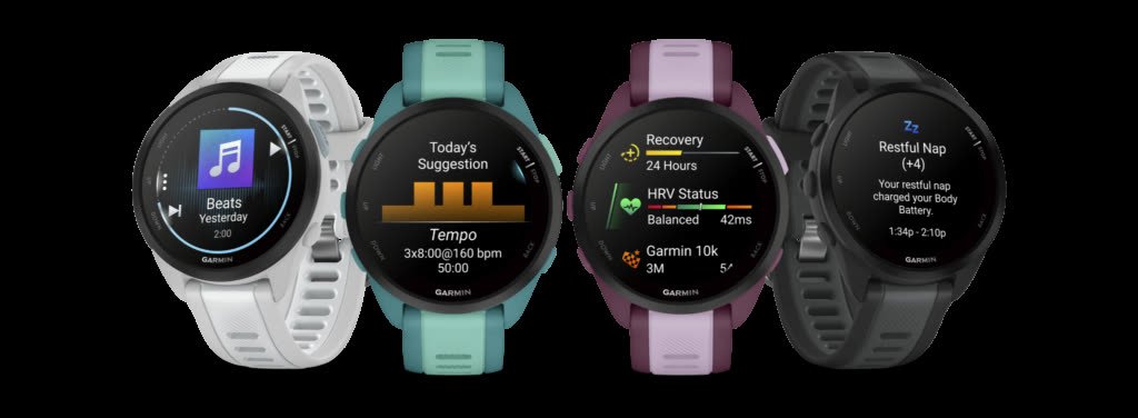 Tela AMOLED do Garmin Forerunner 165 com dados de treino