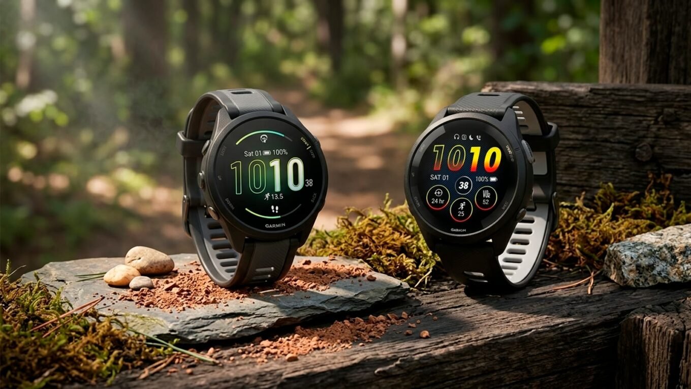 Garmin Forerunner 165 e 265 lado a lado em uma trilha na natureza