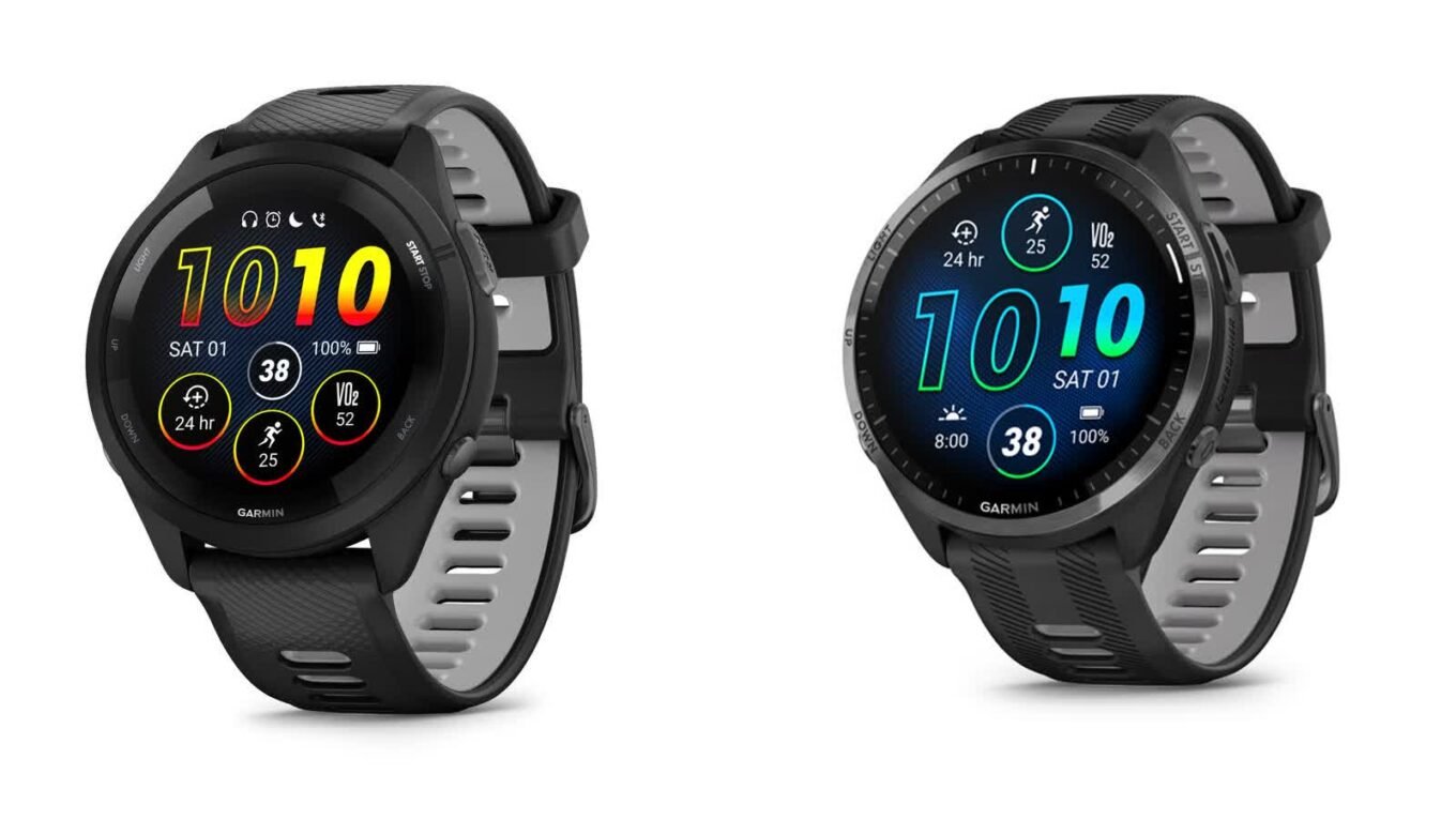 Garmin Forerunner 265 e Forerunner 965 lado a lado, comparando tamanho de tela e bisel